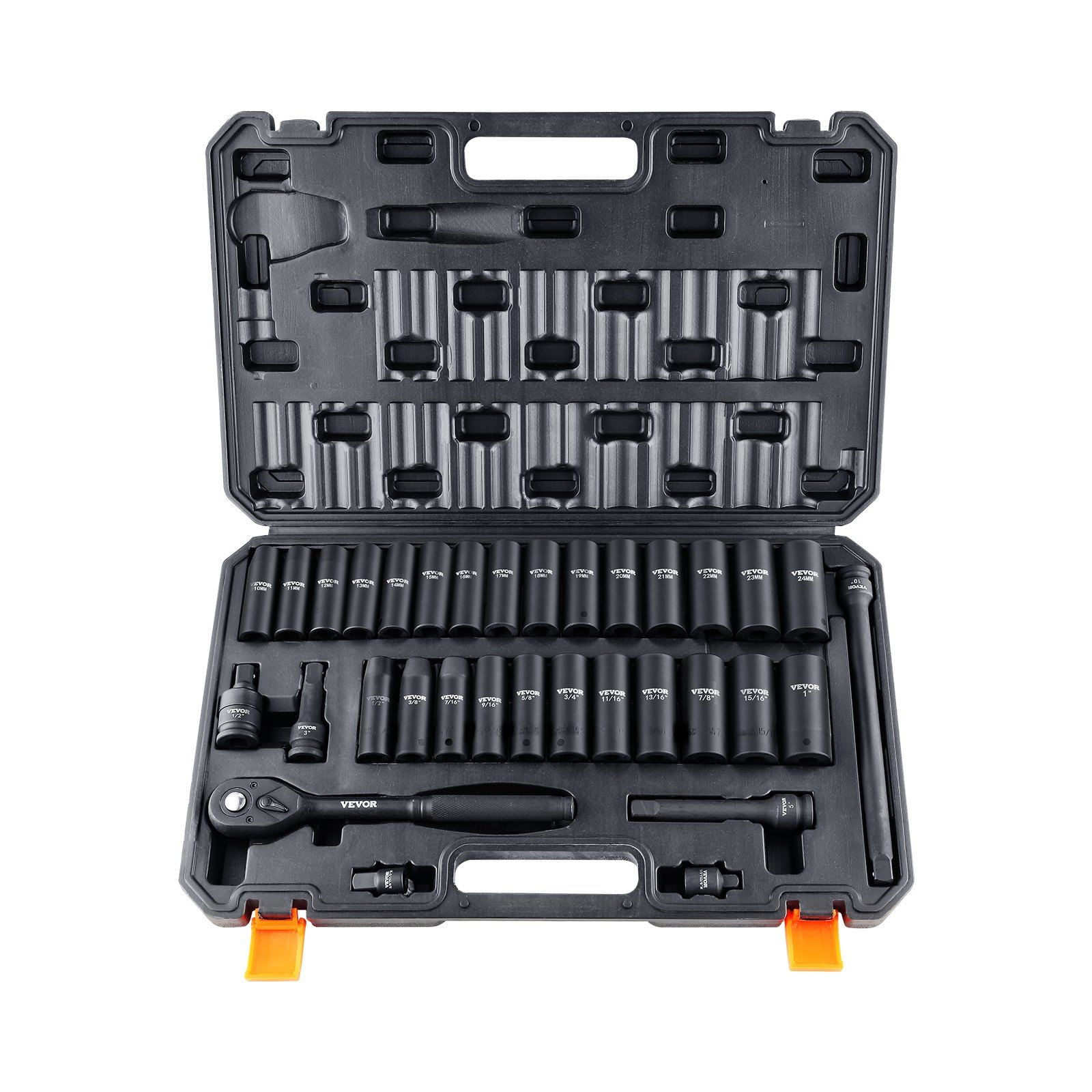 1/2" Drive 33-Piece Impact Socket Set, SAE 3/8"-1" & Metric 10-24mm, Cr-V Steel, 6-Point Design for Auto Repair, Durable Storage Case
