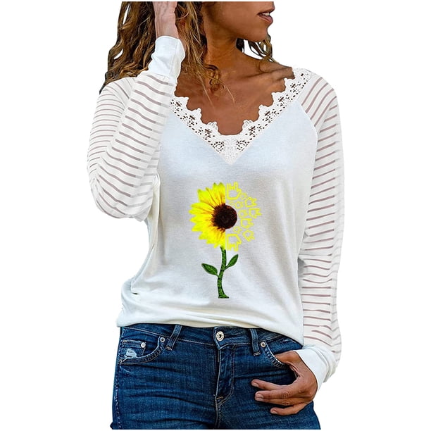 Camiseta de manga larga con cuello en V para mujer a la moda, blusa holgada con estampado de otoño Fridja hkj4377