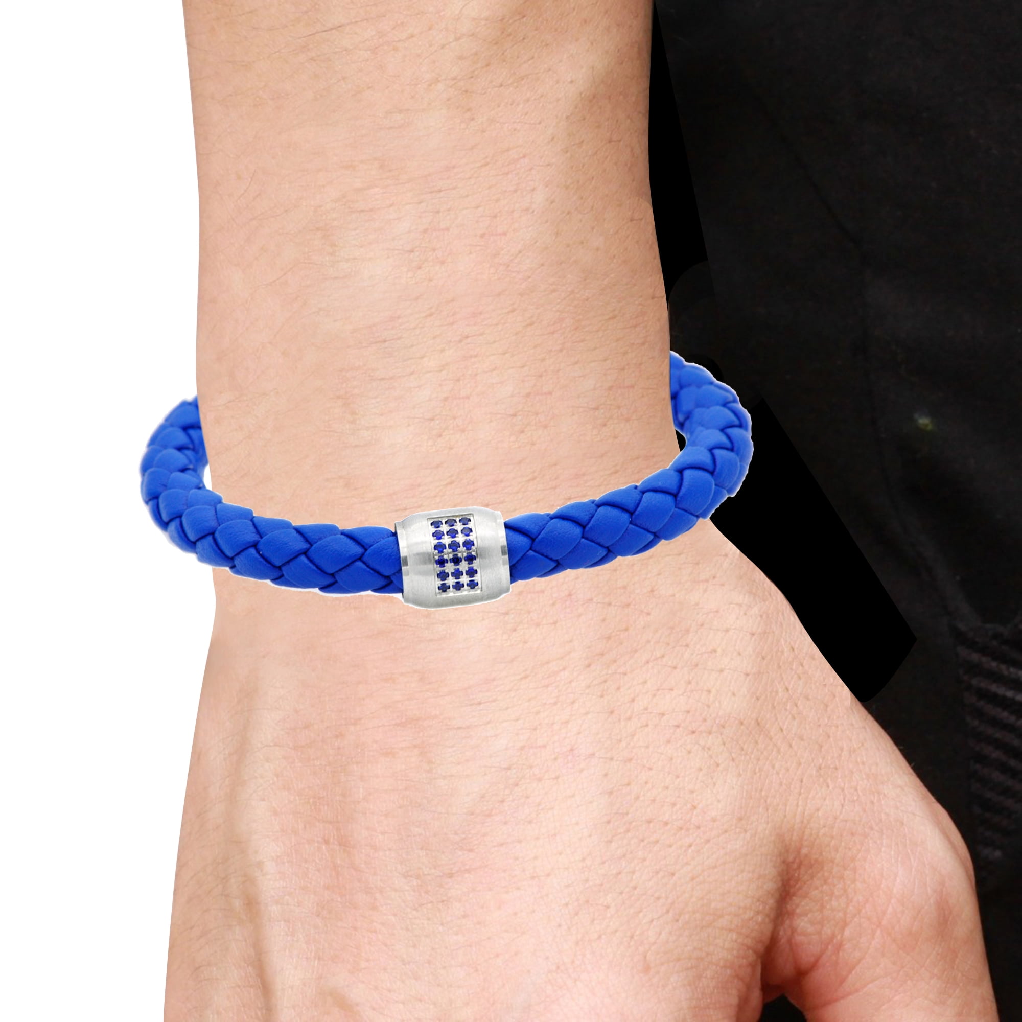 Arista Blue Cubic Zirconia Diamonds Men's Bracelet in Blue Leather Stainless Steel, 8.5"
