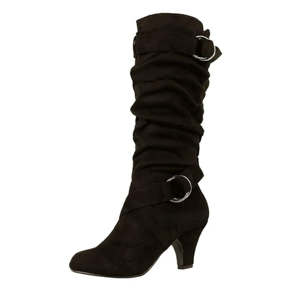PEASKJP Womens Fashion Boots Mid Calf Chunky Heels Patent Leather Boots,Black 41