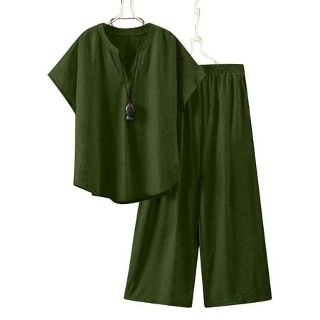 Gamivast Juniors Two Piece Sets for Women Casual V Neck Short Sleeve Pullover Tops and Wide Leg Pants Lounge Sets Tracksuits Green S Previous History
