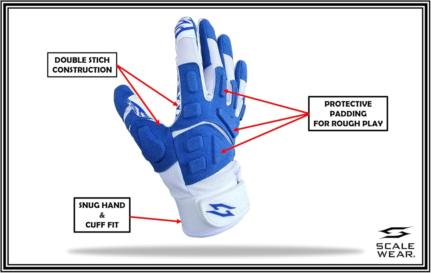 Scale Wear Design White Stealth Football Lineman Gloves with Tach Grip Silicone Palms. Adult Men's Youth Boys Sticky Lineman Wide Receiver Flag Football Boost Your Game! (Adult-Small, White-Blue)