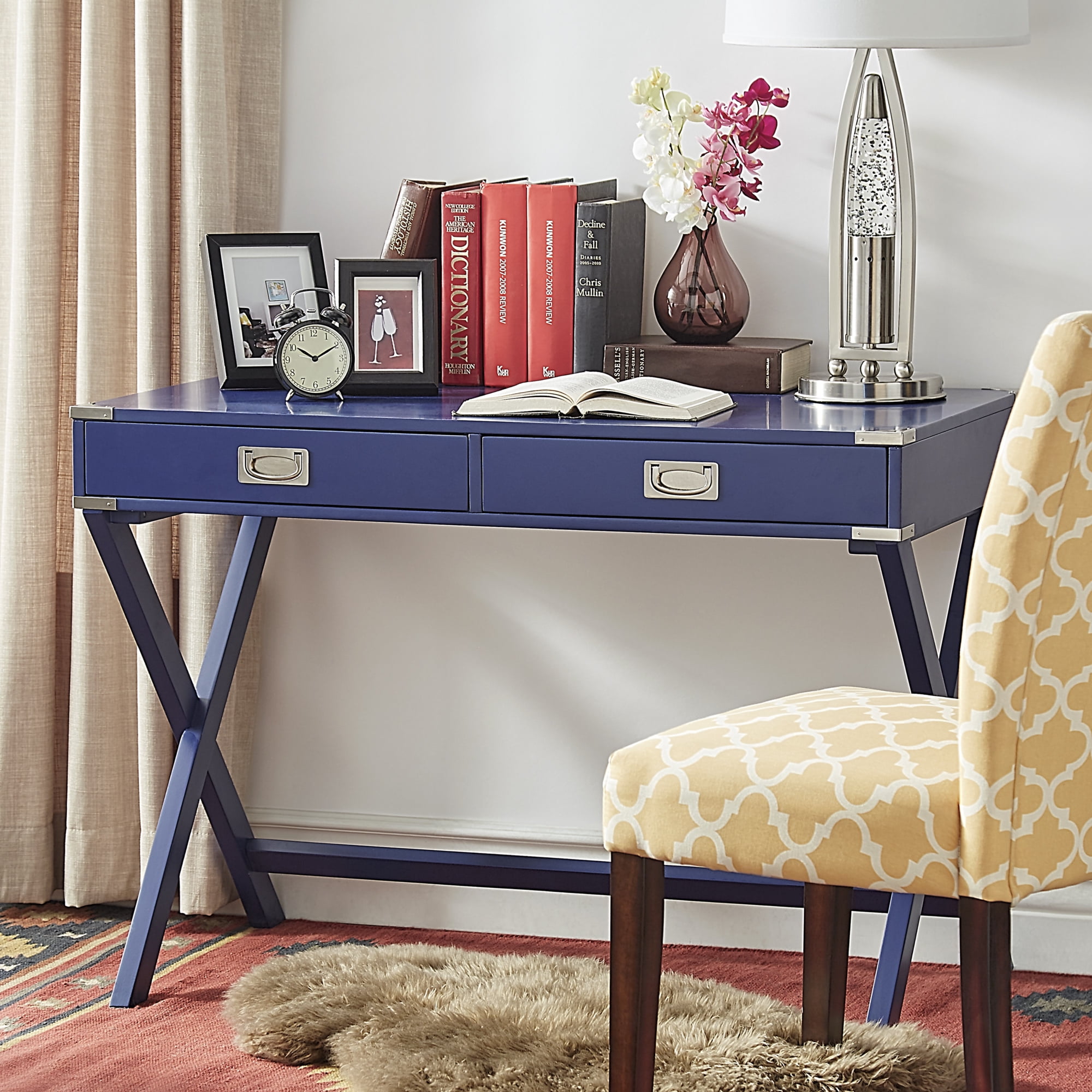 Weston Home Wood X-Base Campaign Writing Desk with Drawers, Twilight Blue