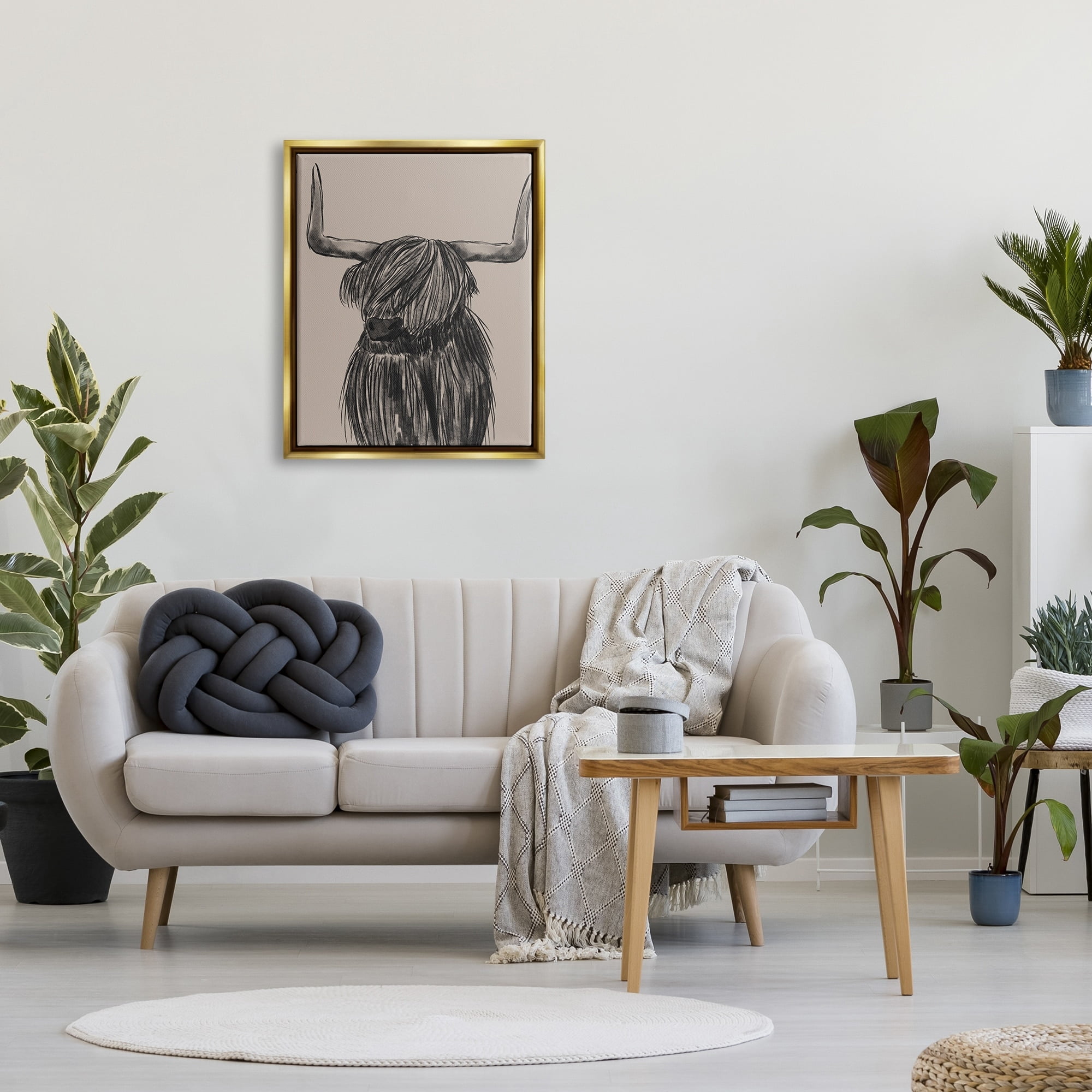 Stupell Industries Longhorn Highland Cattle Charcoal Line Drawing Portrait Drawing Print Metallic Gold Floating Framed Canvas Print Wall Art, Design by Lisa Whitebutton