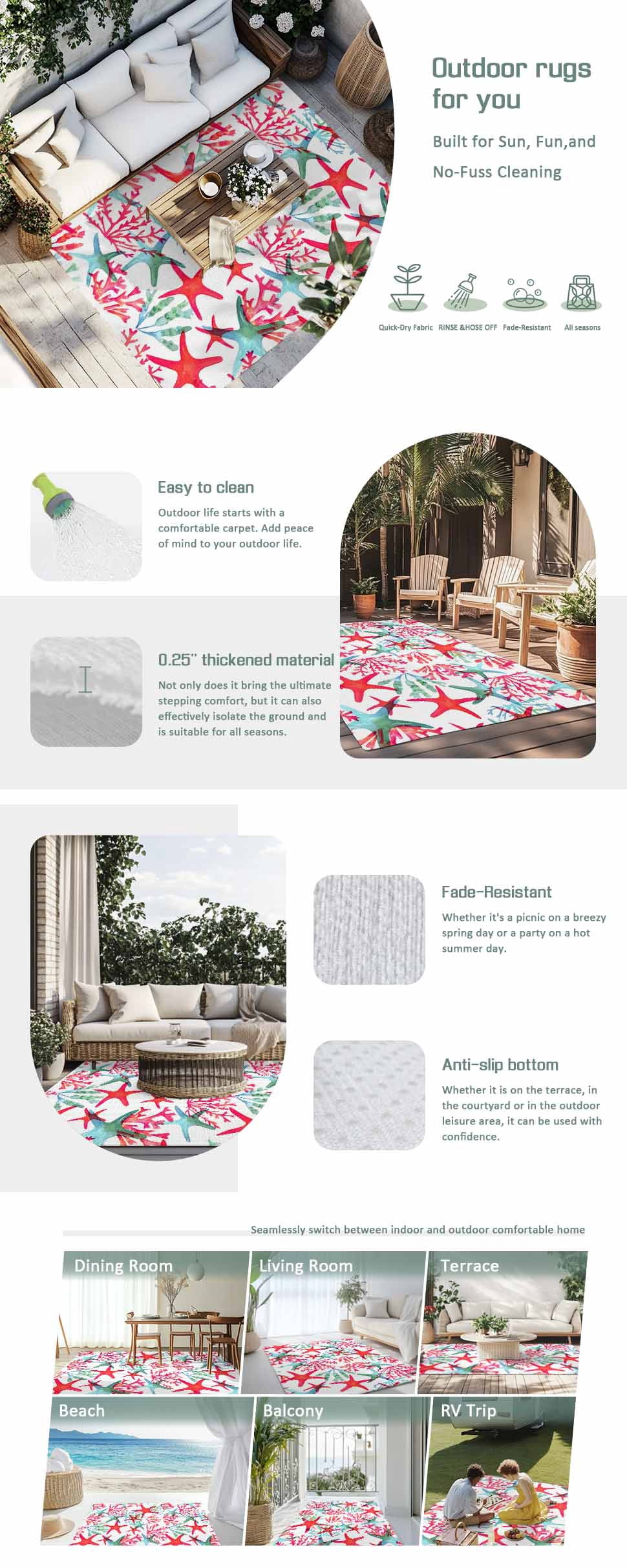Summer Red Starfish Outdoor Rug 5x7 Ft - Reversible Patio Rug Outdoor Camping Rugs, Green Coral Coastal Ocean Abstract Washable Indoor Outdoor Area Rugs, Non-Slip Outdoor Carpet Runner for Deck/Porch