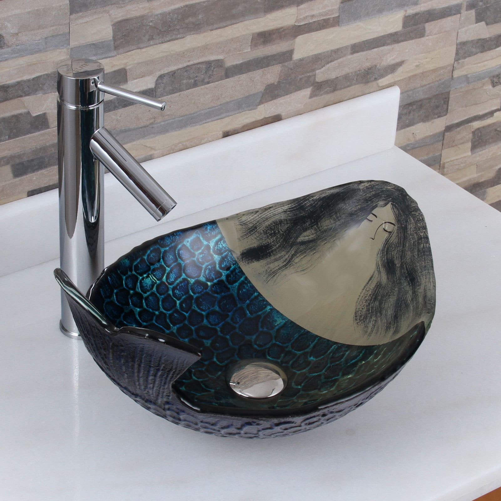 ELITE Tempered Bathroom White Pattern Glass Vessel Sink & Brushed Nickel Faucet Combo