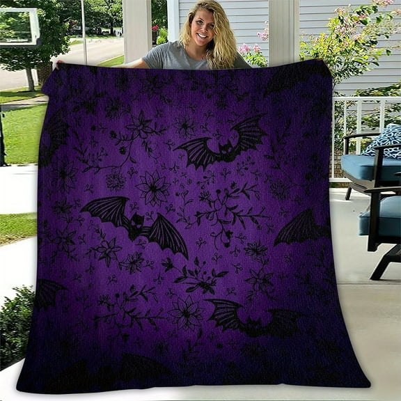 1pc & Bat Plush Blanket - Deep Purple & Black Gothic Bat Design, Soft Flannel All-Season Cozy Throw,, Bed, Sofa, Camping, Halloween Comforter, Halloween Throw Blanket, Halloween Quilt, Halloween Thro