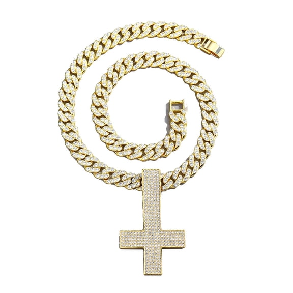 YIEMEEN Big Crucifix Necklace Hip Hop Punk Cross Pendant Cuban Chain Rhinestone-Necklace Birthday Jewelry Gift for Men Women