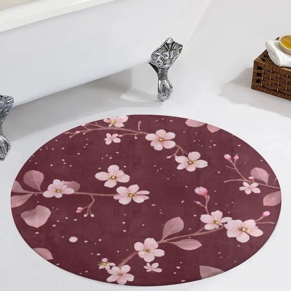 Cherry Blossom Floral Print Round Area Rugs for Bedroom Living Room, 2FT Soft Comfy Indoor Circle Carpets, Carpet Home Decor Floor Mat