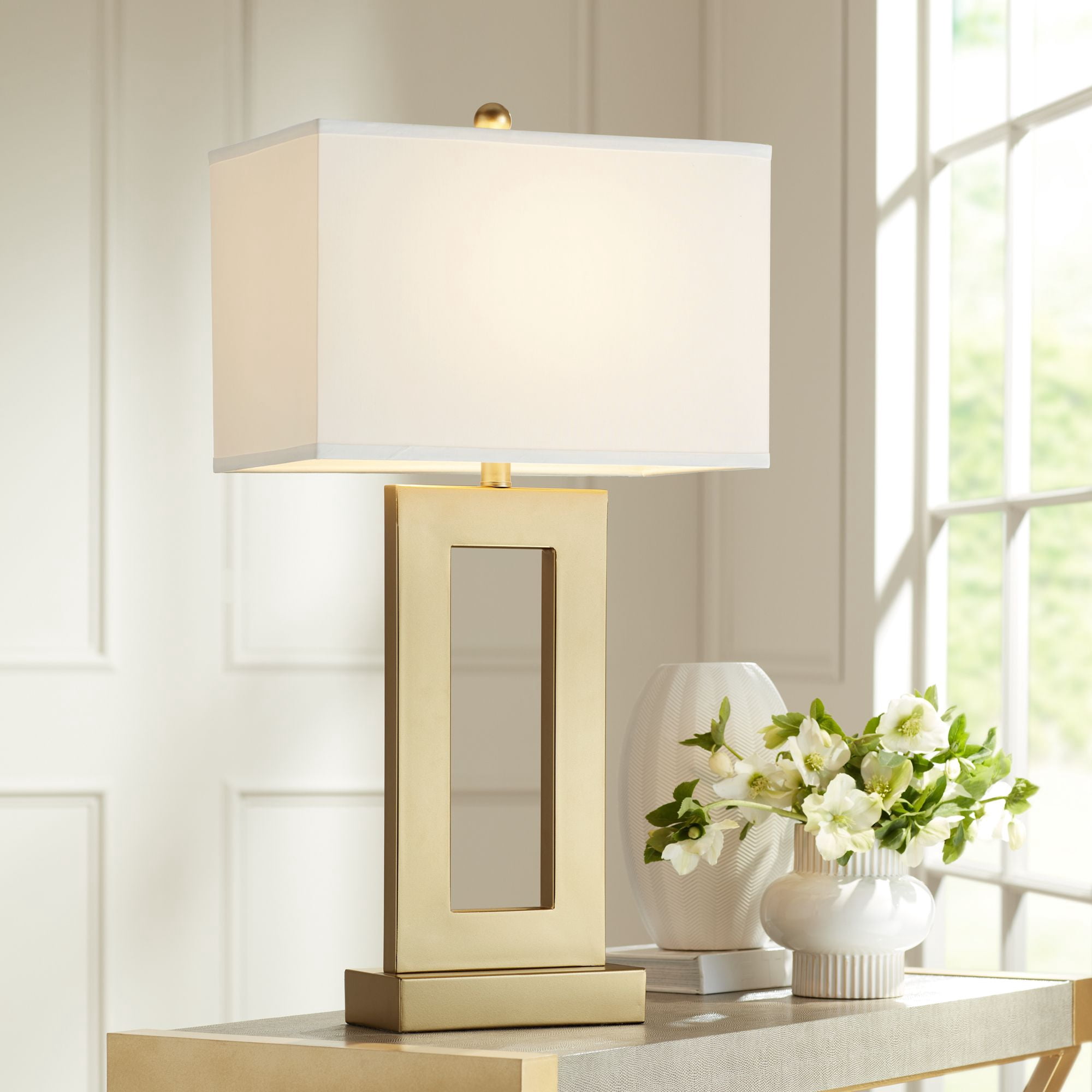 360 Lighting Marshall 30" Tall Open Rectangle Large Modern Luxe End Table Lamps Set of 2 Gold Finish Metal Living Room Bedroom