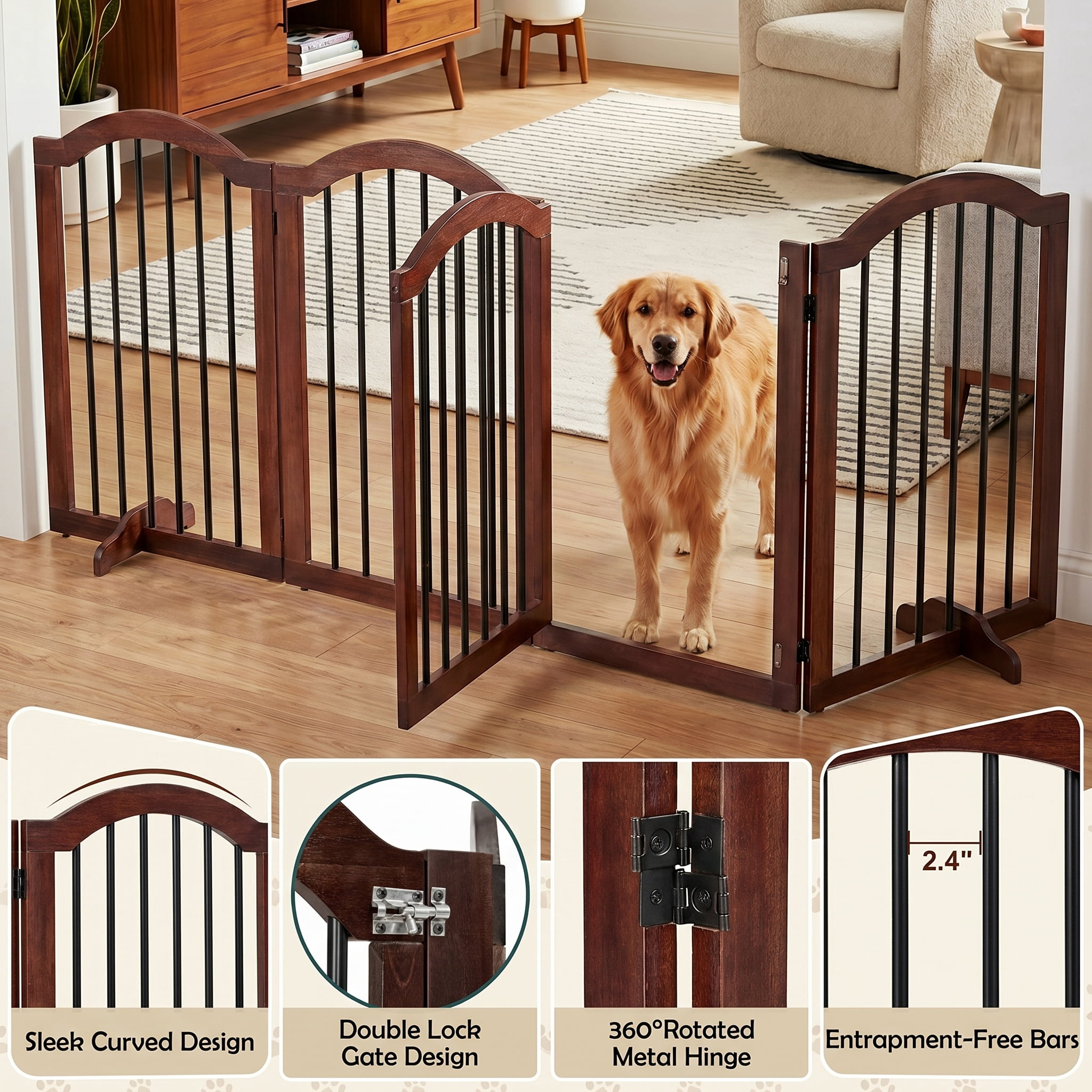 Prilinex 30″ Tall 4-Panel Dog Gate Freestanding, 96" W Foldable Dog Fence Pet Gate for Doorway Stairs, Brown