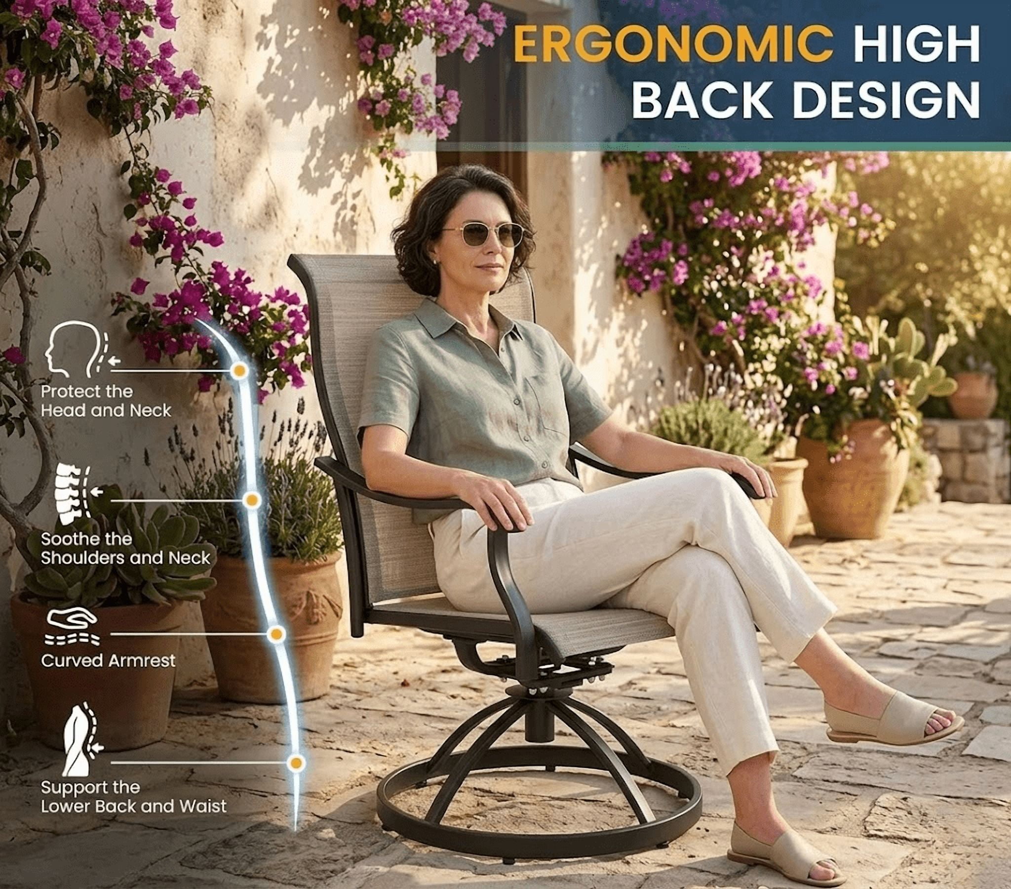 Howcool Patio Dining Chairs Set of 2, Outdoor Swivel Dining Chairs with High Back & Armrests, Breathable Textilene Patio Chairs, All-Weather Metal Frame for Backyard, Garden, Porch, Khaki
