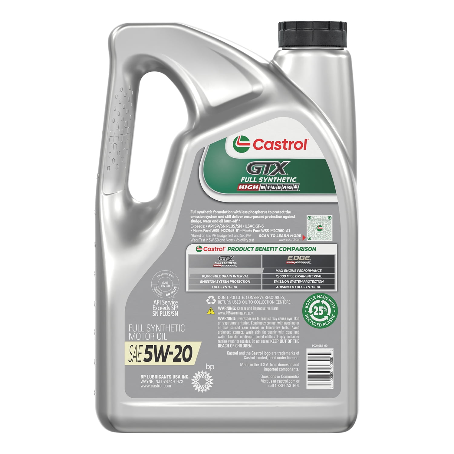 Castrol GTX Full Synthetic High Mileage 5W-20 Motor Oil, 5 Quarts