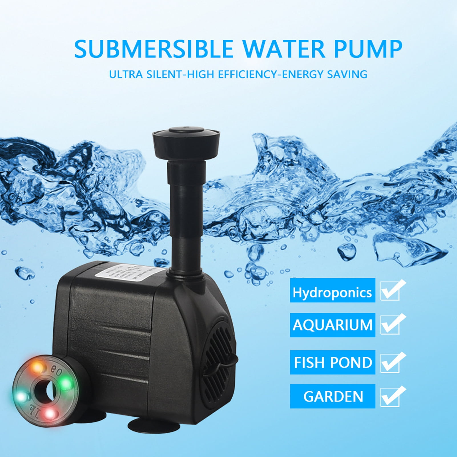 AYYUFE Fountain Pump with LED Light 12 Lamp Beads Strong Suction Cup Hydroponics Garden Pond Fish Tank Aquarium Pump 3-in-1 Ultra Quiet Adjustable Water Pump Indoor Outdoor