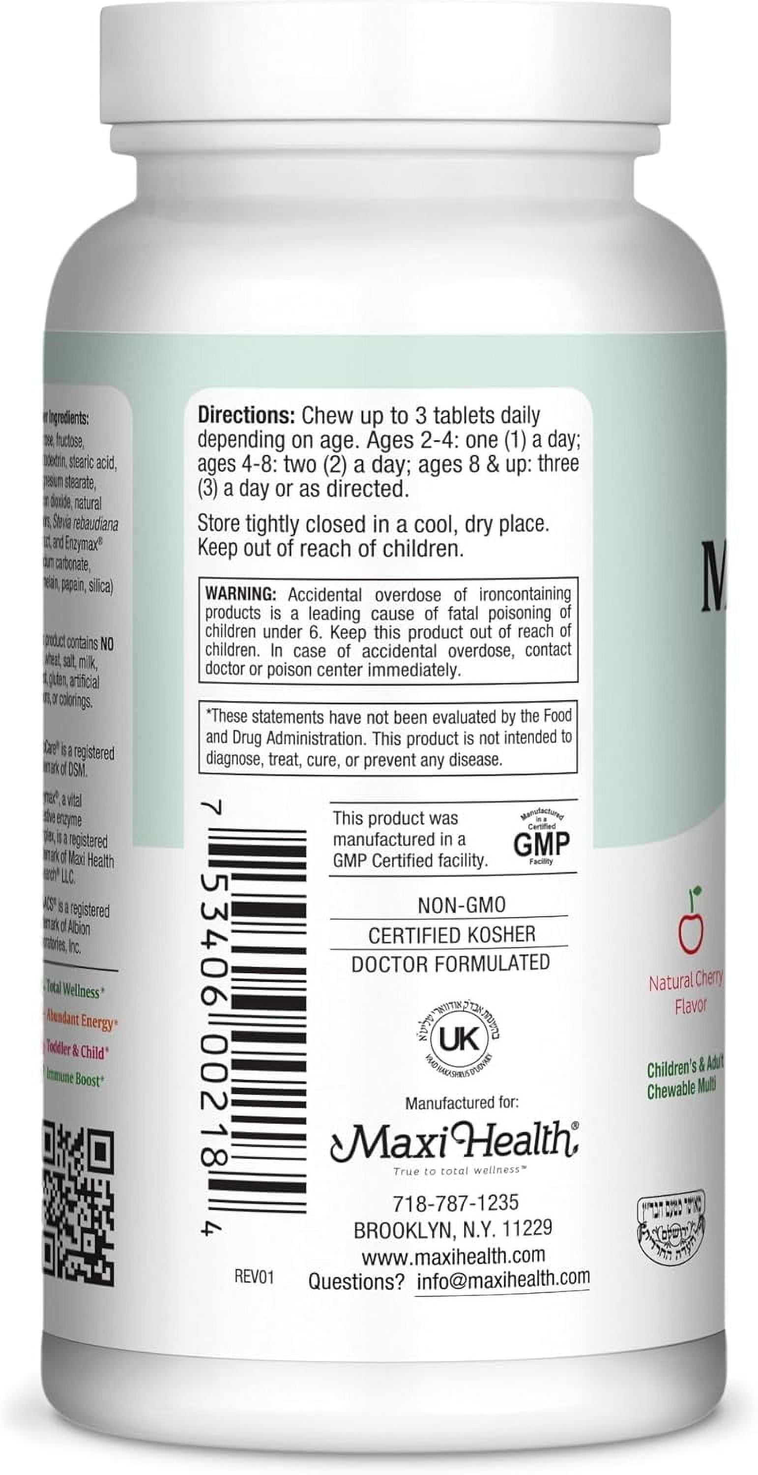 Maxi Health Chewable Multivitamin with Iron – Cherry – Kids, Teens & Adults – Immune Support – 180 Ct