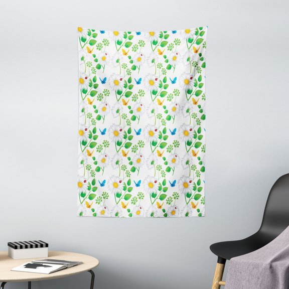Ladybugs Decorations Tapestry, Macro Chamomiles and Ladybugs Magic Spirits of Nature Illustration, Wall Hanging for Bedroom Living Room Dorm Decor, 40W X 60L Inches, White Green, by Ambesonne