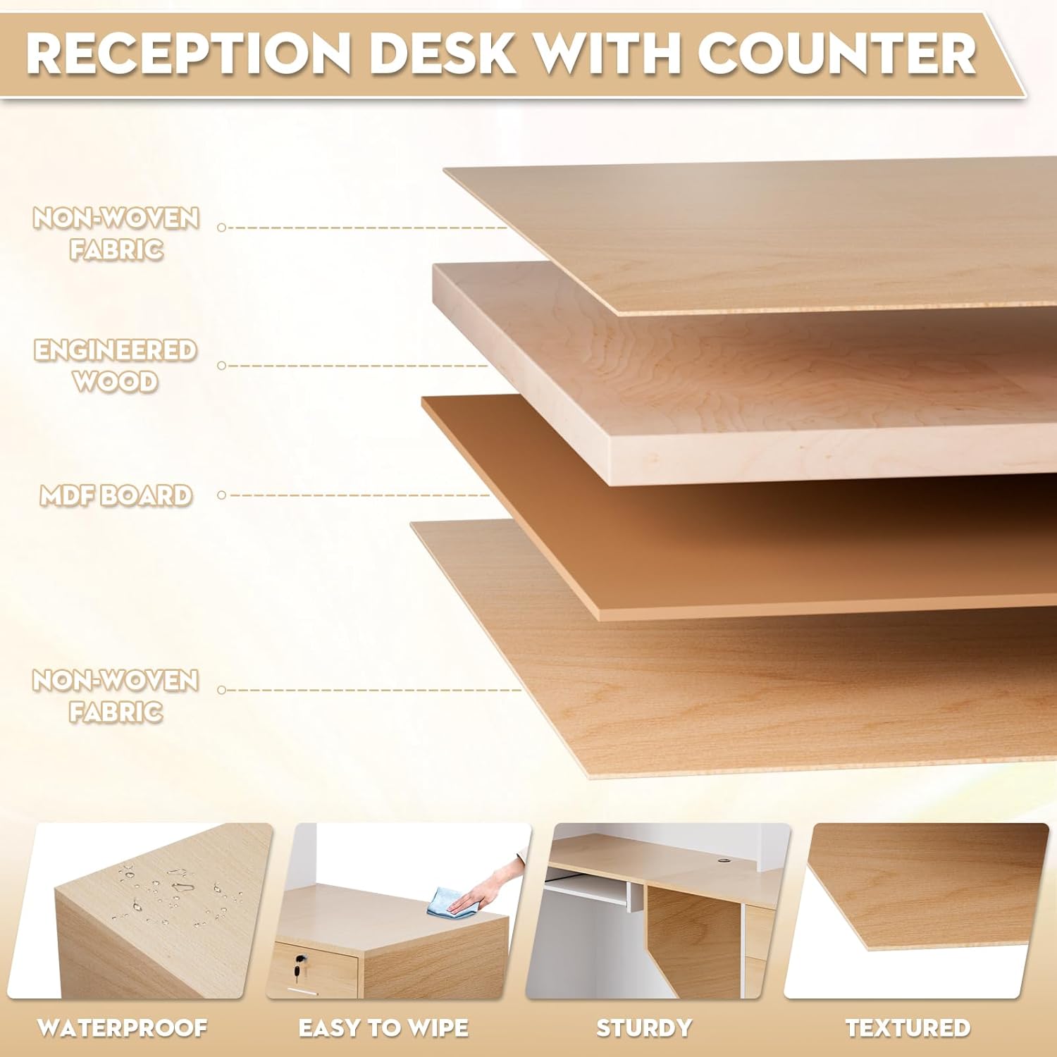 Esheno Modern Wooden L Shaped Reception Desk 71 inch Commercial Counter with Lockable Drawers and Cabinet Plain Wood Color Left Side Storage for Office Lobby School