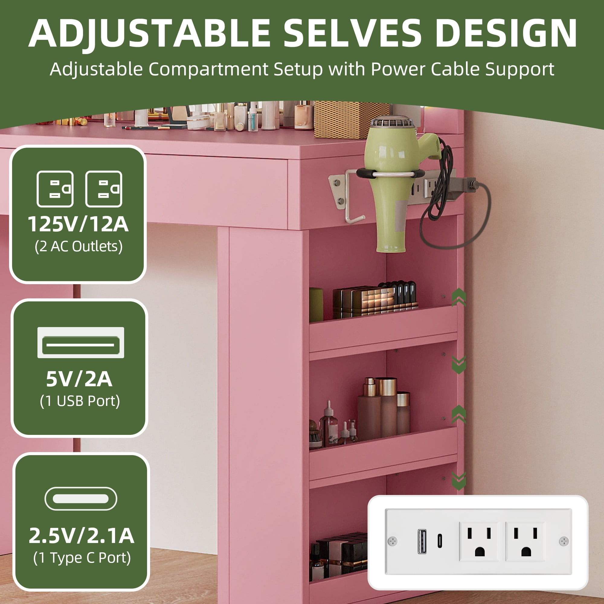 Uforic Makeup Vanity Desk with Mirror & Lights, Vanity Desk with 4 Drawers & Storage Shelves - Pink