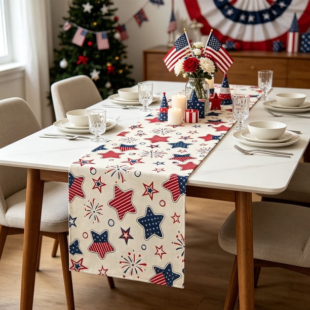 Mantel de lino de cama estilo casa de campo con camino de mesa patriótico del Día de la Independencia para cocina, comedor, decoración de mesa de centro para fiestas 72 x 13 pulgadas