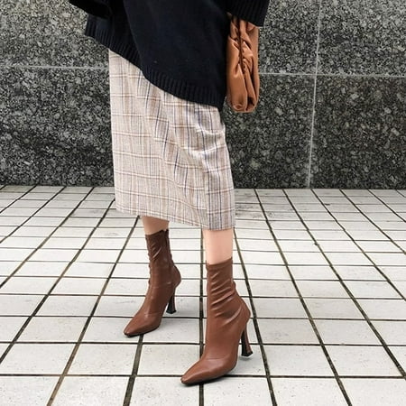 

HHH Retro Thin Mid-Calf Ankle Boots Women s 2024 Winter New Square Toe Stiletto Heel Stretch Boots Niche Side Zip Short Boots