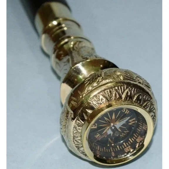 Vintage Brass Compass Handle Walking Stick – Victorian-Style Wooden Cane for Men – Handcrafted Antique Explorer’s Cane