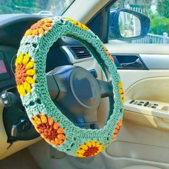 Crochet Steering Wheel Cover,Universal 14-15 inch Soft Steering Wheel Covers for Women& Men,Cute Pattern Non-Slip Sweat-Absorbent Car Covers for Vehicles,Sedans,Suvs (Blue Green)