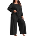 thumbnail image 2 of Hzzrkos Women Casual Plus Size Loose Solid Color Round Neck Long Sleeve Two Piece Wide Leg Loungewear Pajama Set, Soft Relaxed Sleepwear Outfit For Indoor Daily Rest Black XXXL, 2 of 9