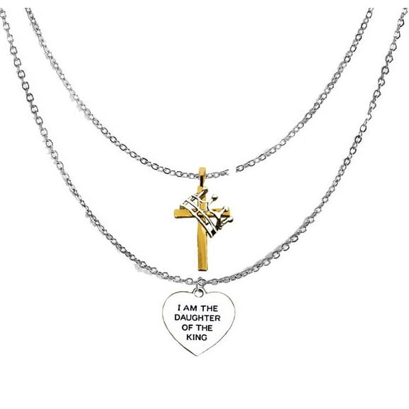 Christian,Catholic, Silver Finish Crown On A 14KT Gold Cross And SilvertoneI Am The Daughter Of The King, On A Adjustable Silvertone Double Chain Necklace ©2023