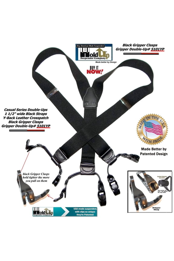 Holdup Brand Black Pack Gripper Clasp Double-Up Y-back Suspenders with Patented Gripper Clasps