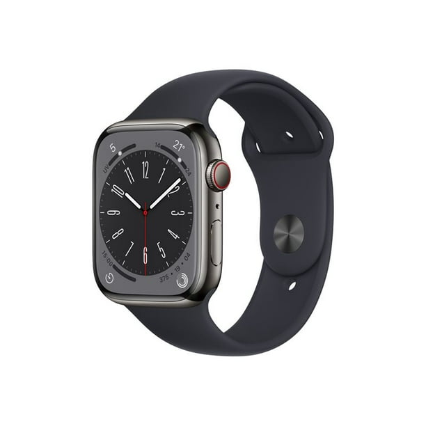 Apple Watch Série 8 (GPS + Cellulaire) - 45 mm - Acier Inoxydable graphite - Montre Intelligente avec Bande de sport - Taille de Bande: Regu