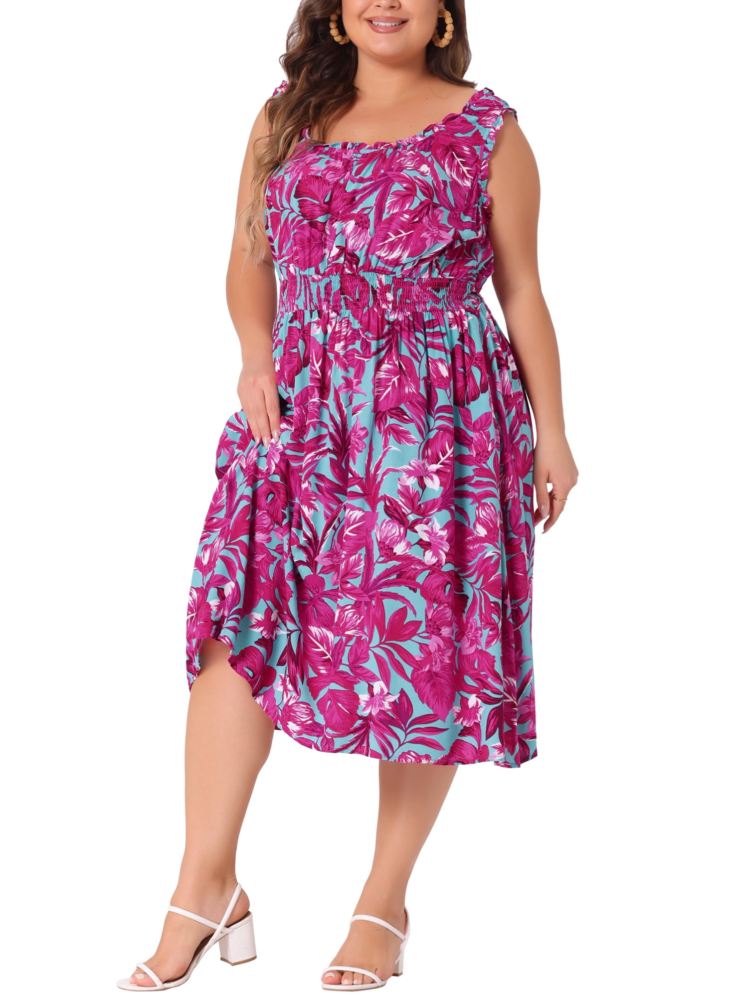 DARING DIVA Plus Size Square Neck Sleeveless Floral Flowy Midi Dress 3X Hot Pink