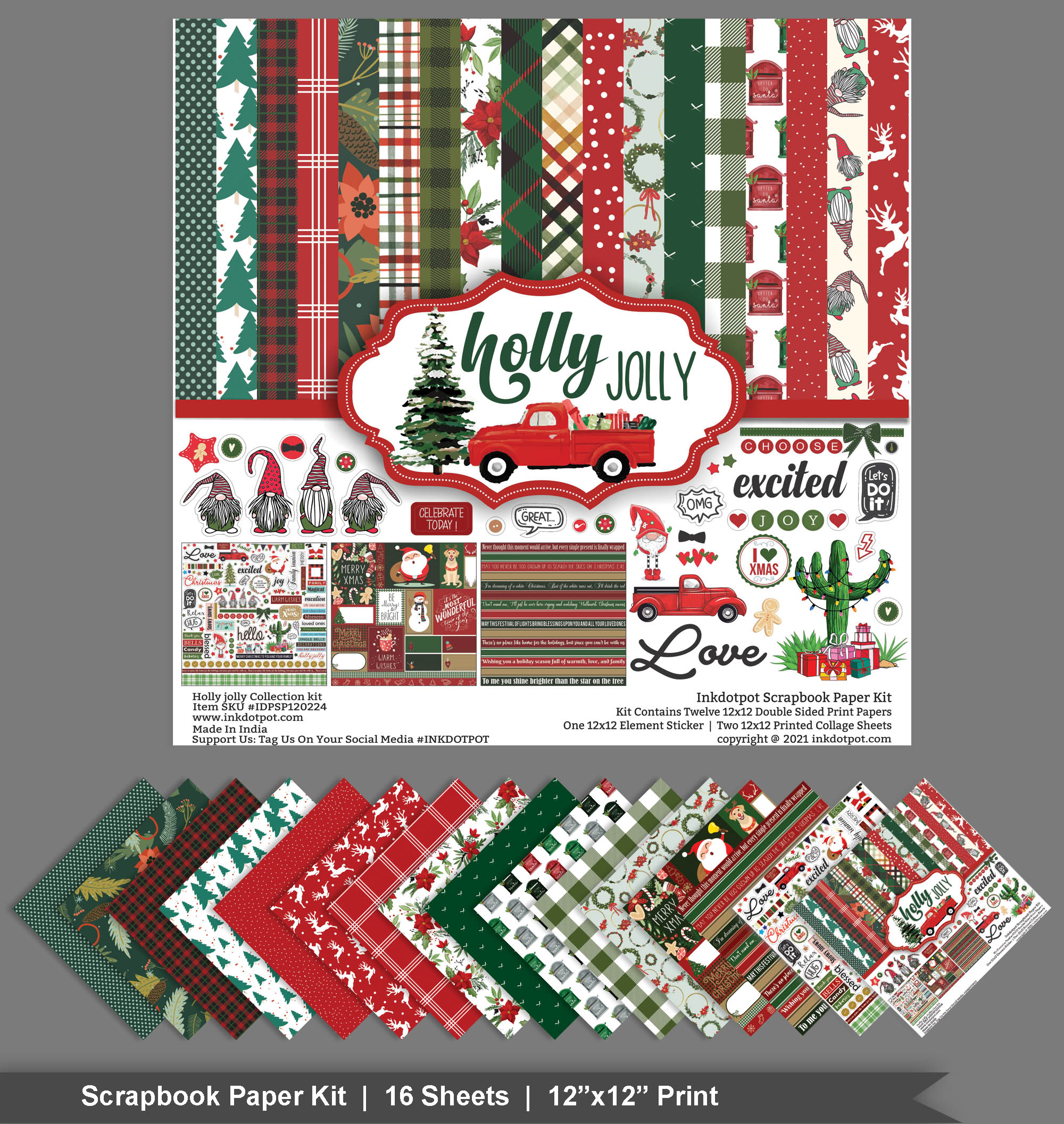 Inkdotpot Red Green Christmas Theme Collection Double,Sided Scrapbook Paper Kit Cardstock 12"x12" Card Making Paper Pack Of With Sticker Sheet - 16 Pages - Red & Green