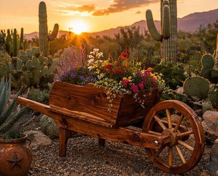 Rustic Cedar Decorative Wheelbarrow Planter – Amish Handcrafted Wooden Garden Wheelbarrow for Flowers