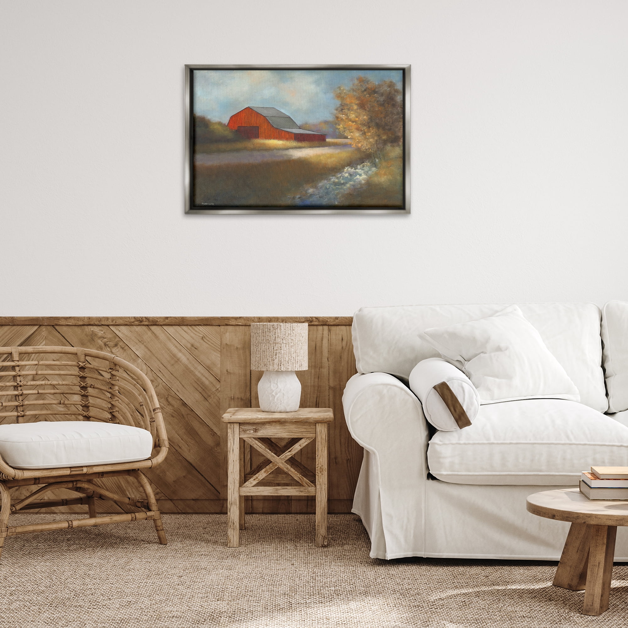 Stupell Industries Traditional Red Barn Landscape Painting Gray Floater Framed Canvas Art Print Wall Art, 31 x 21