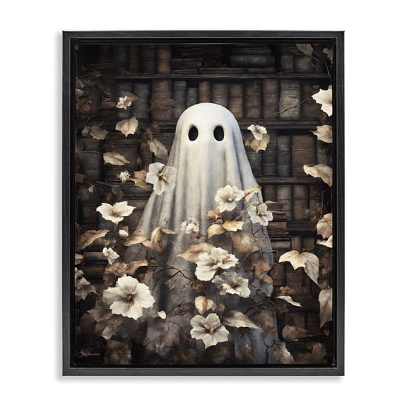 Stupell Industries Bookish Ghost & Flowers Holiday Painting Black Floater Framed Canvas Art Print Wall Art, 17 x 21