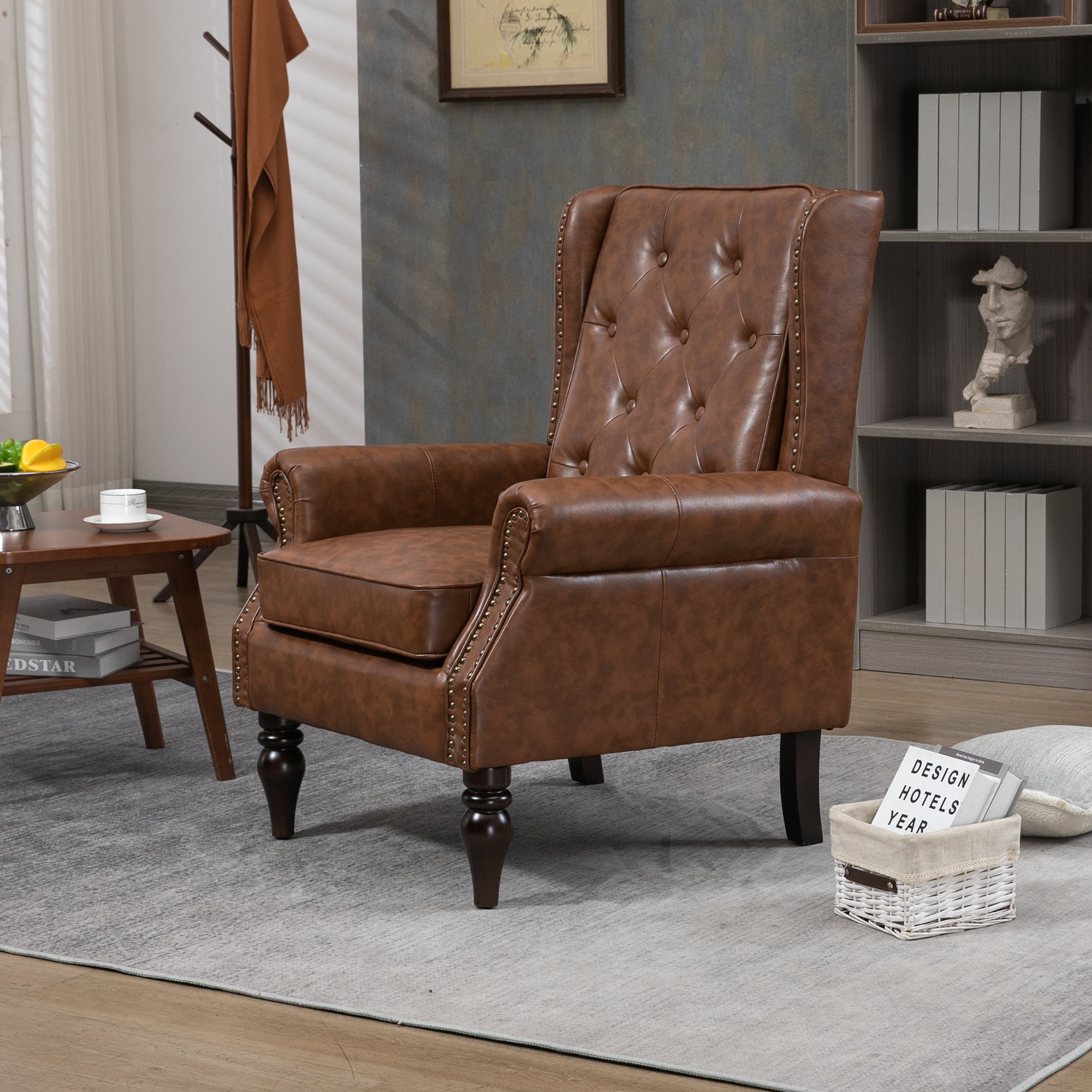 MAYEERTY Wood Frame Armchair, Modern Accent Chair Lounge Chair with Sturdy Wood Legs for Living Room Bedroom，Brown PU