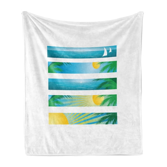 Beach Soft Flannel Fleece Throw Blanket, Banner Style Horizontal Stripes with Exotic Elements Tropical Trees Cartoon, Cozy Plush for Indoor and Outdoor Use, 70" x 90", Blue Yellow Green, by Ambesonne