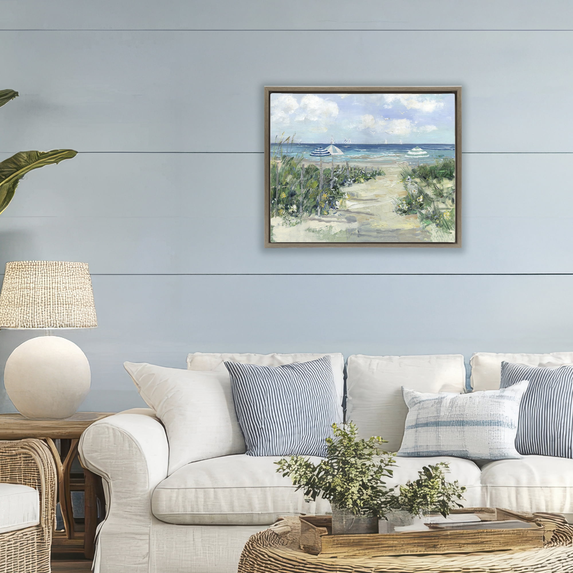 Stupell Industries Seaside Path To Striped Umbrellas Brown Framed Floater Canvas Wall Art, design by Sally Swatland