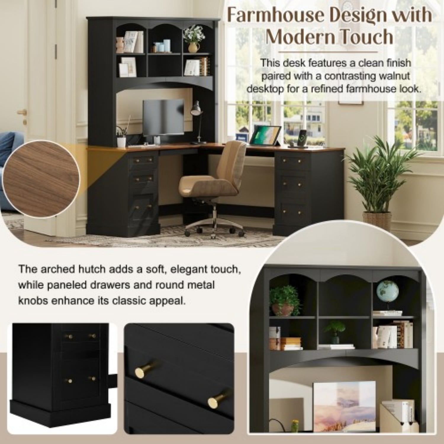 L-Shaped Farmhouse Computer Desk with Hutch, Corner Home Office Desk with File Drawer, Keyboard Tray & Dual Charging Stations, Large Workstation Writing Desk with Storage Cabinets, Black
