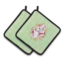 Bull Terrier Green Flowers Pair of Pot Holders