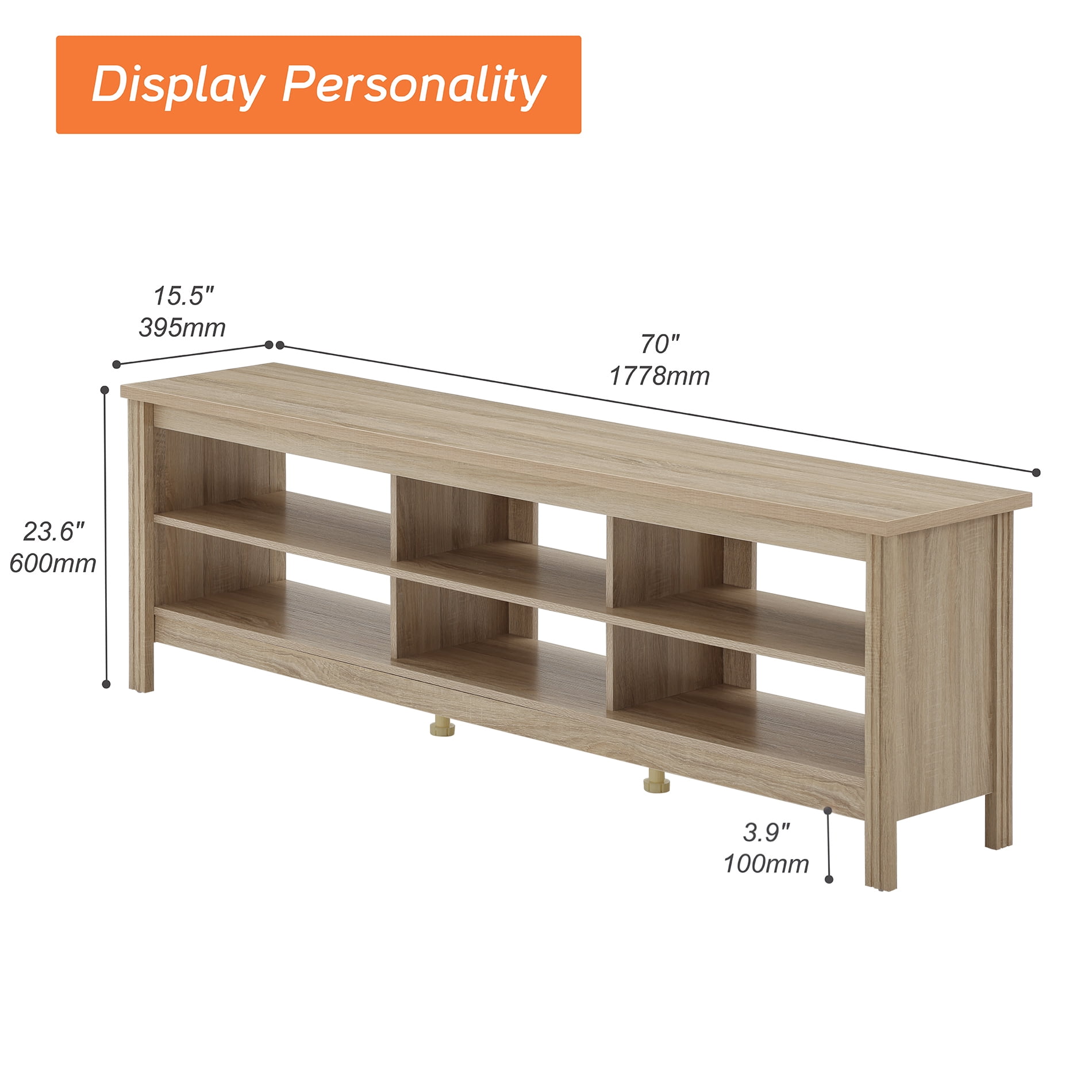 Farmhouse TV Stand for 75 inch TV, Wood Entertainment Center with 6 Storage Shelf for Living Room, Bedroom, Oak