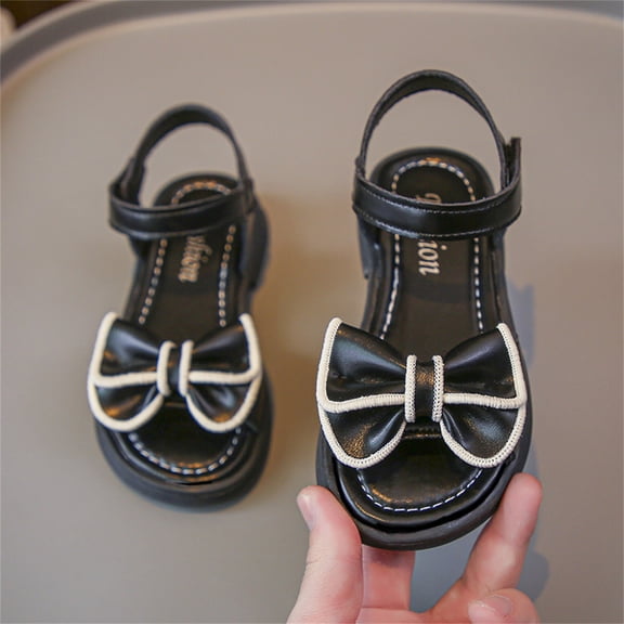 XIMIN Girls Open-Toe Sandals with Contrast Trim Bow Adjustable Ankle Strap PU Upper TPR Non-Slip Sole Casual Summer Princess Sandals (Black, 9.5-10 Years)