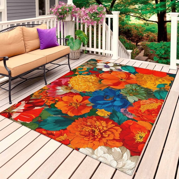 Boho Orange Red Floral Outdoor Rug for Patio/Deck/Porch, Non-Slip Large Area Rug 4 x 6 Ft, Vintage Flowers Bohemia Plants Indoor Outdoor Rugs Washable Area Rugs, Reversible Camping Rug Carpet Runner