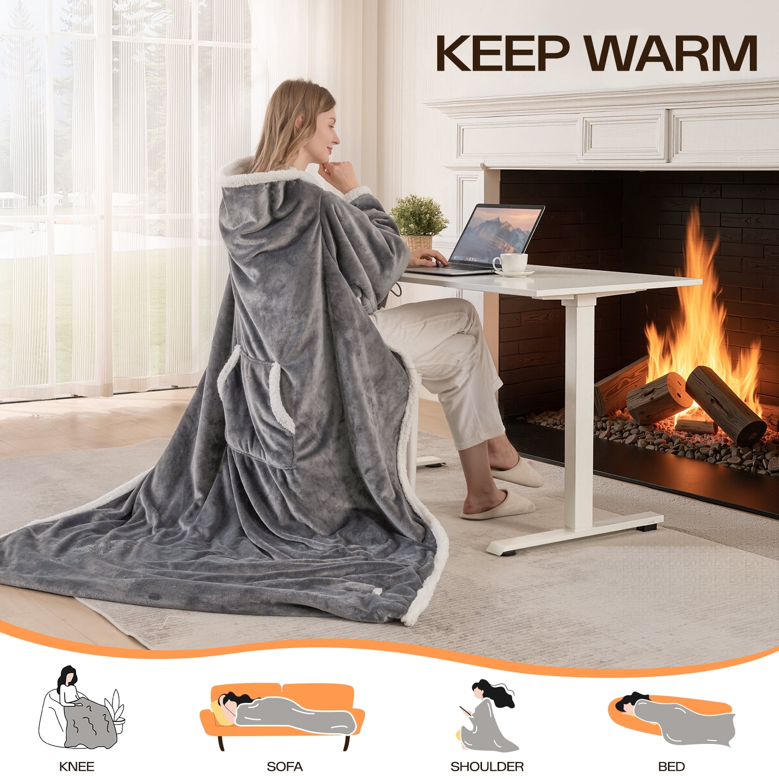 ELEKA Wearable Heated Blanket with Foot Pocket，Electric Blanket with Sleeves，6 Heating Levels,12 Hours Heating Time Settings，Drak Gray，52*72