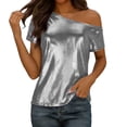 thumbnail image 2 of CQONEPT Women's Fashion Blouse Off Shoulder Sequin Bling Glitter Tunic Tops Casual Short Sleeve Summer Shirts Silver L, 2 of 7
