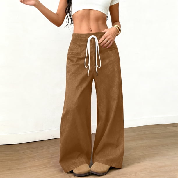 Pincandy Women's Solid Color Faux Suede Elastic Waist Wide Leg Pants - High Stretch Casual Loose Fit with Pockets, Perfect for Daily Wear & Weekend Getaways