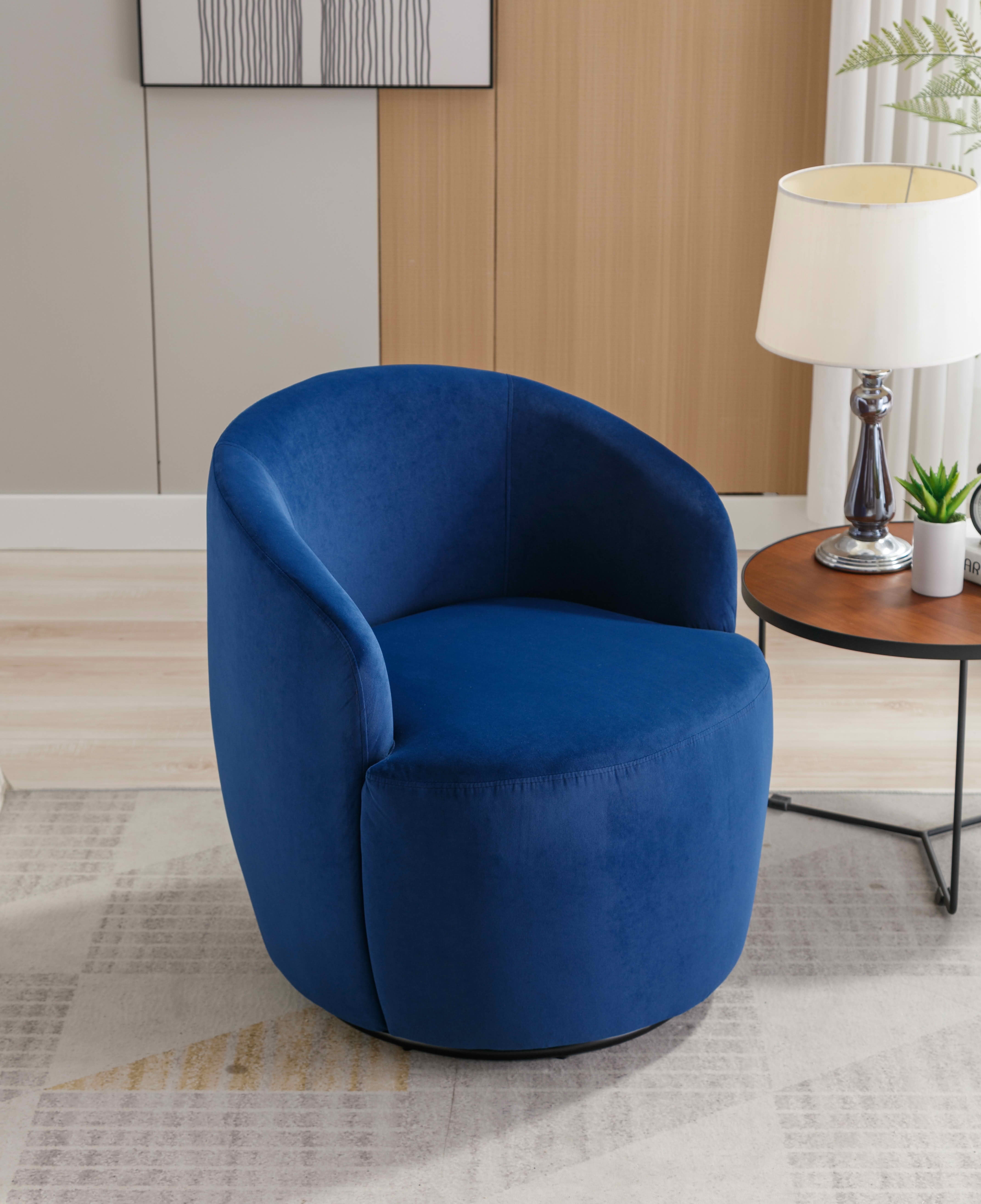 MAYEERTY Velvet Fabric Swivel Accent Armchair Barrel Chair, with Black Powder Coating Metal Ring, Blue