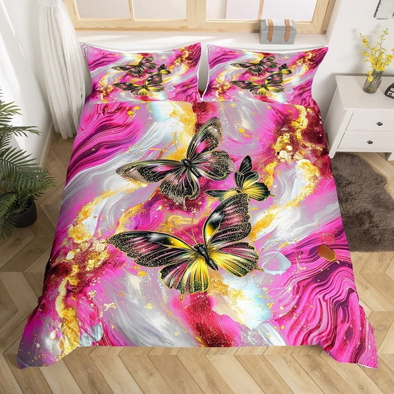 Purple Marble Duvet Cover Set Red Butterfly Queen Bedding Sets,Rustic Animal Dreamy Butterflies Room(No Comforter)