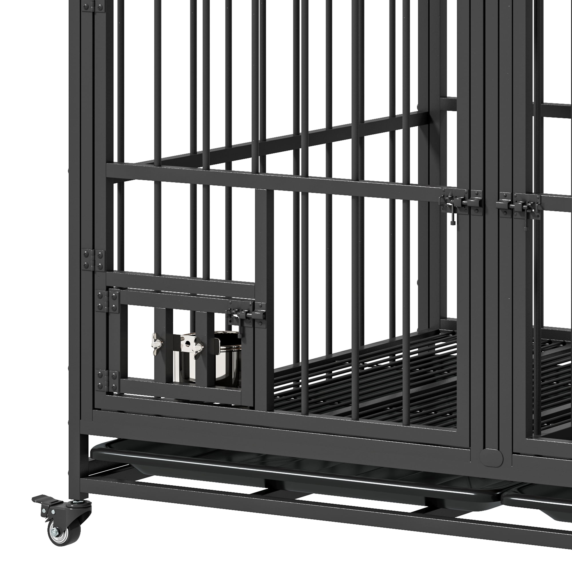 Uforic 47.5" Large Dog Crate Furniture with Double Lockable Doors, Heavy Duty Wooden Dog Kennel with Removable Divider &360° Rotatable Dog Bowls & 360° Wheels & 2 Trays
