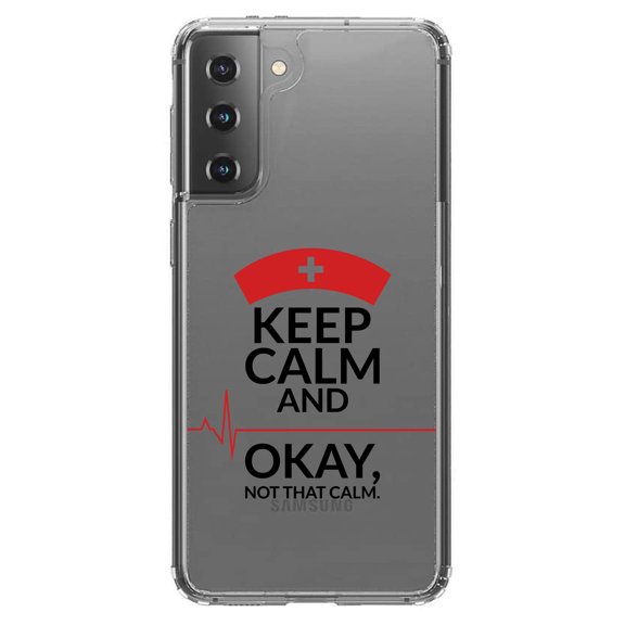 DistinctInk Clear Shockproof Hybrid Case for Galaxy S21  PLUS 5G (6.7" Screen) - TPU Bumper Acrylic Back Tempered Glass Screen Protector - Keep Calm, Not That Calm - Nurse Flatline